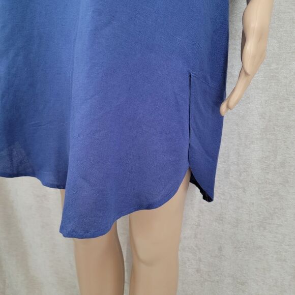Chelsea & Theodore Blue Linen Rayon Button-Down Midi Shirt Dress Short Sleeves - Picture 3 of 12